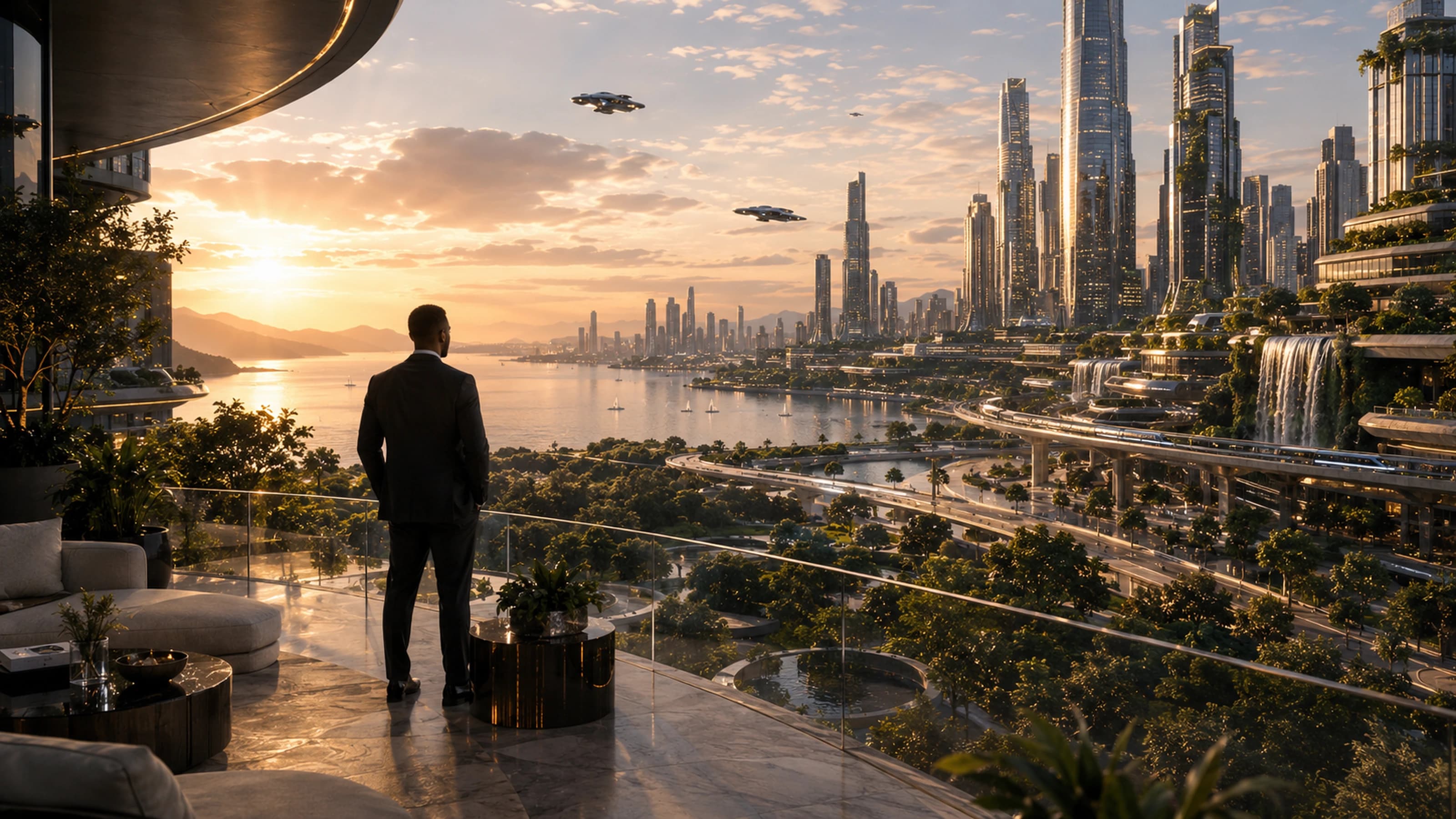 Malcolm Harvest Jr. overlooking a future-facing waterfront city