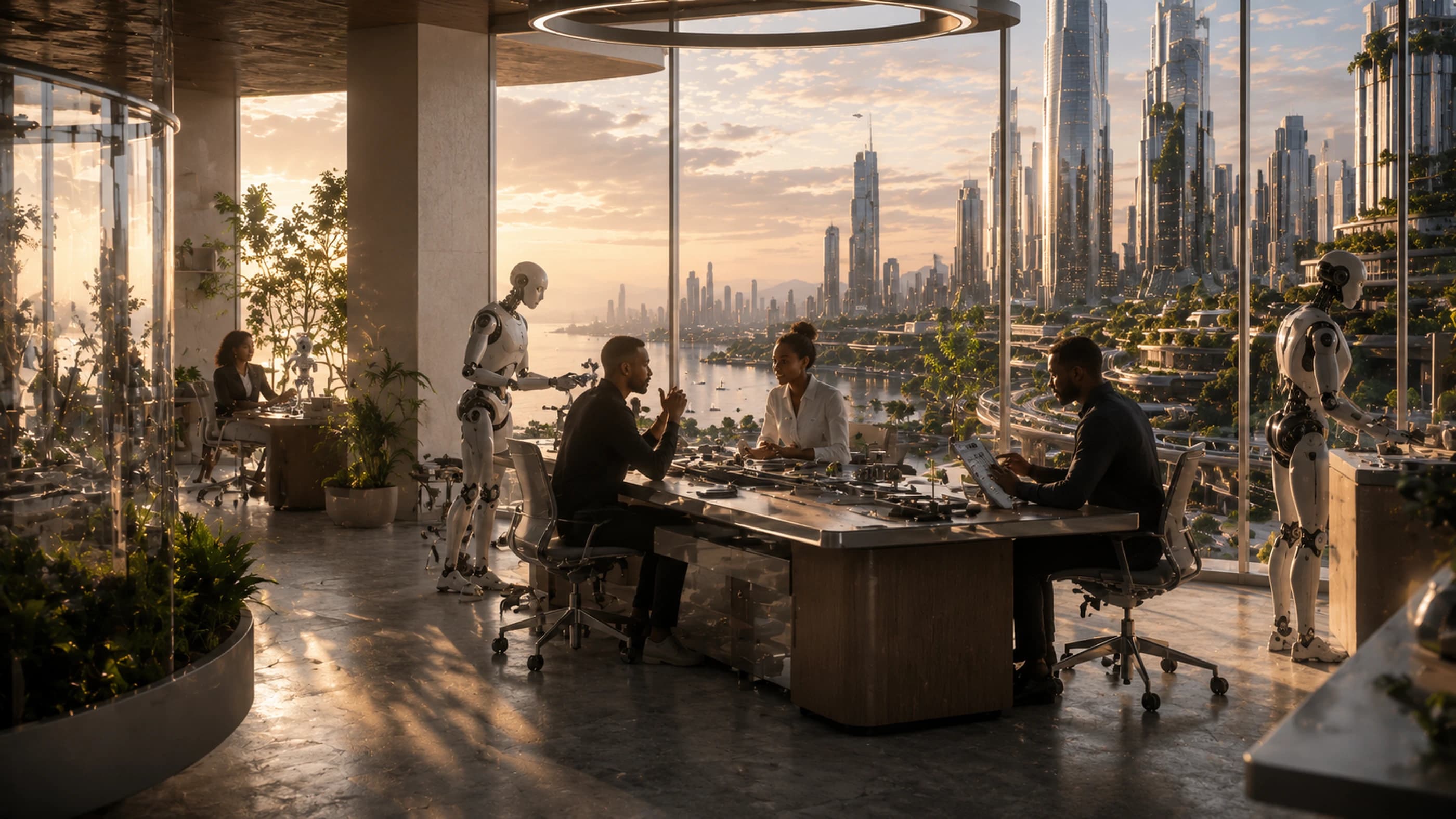 People and intelligent technology collaborating in a future-facing workspace